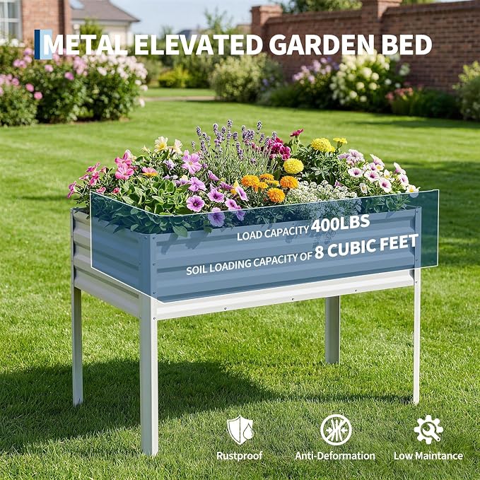 48×24×56in Galvanized Elevated Raised Garden Bed with Legs, Greenhouse Cover & Bird Net, Deep Metal Raised Planter Box for Backyard Patio Balcony Vegetables Herbs Flowers