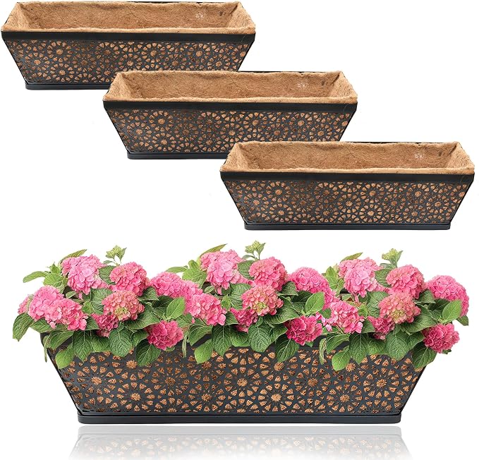 Black Metal Railing Planter Window Box (4 Pack, 24 Inch) Horse Trough Planter with Coco Fiber Liner Deck Balcony Rail Planter for Porch Fence Patio Outdoor Garden Décor