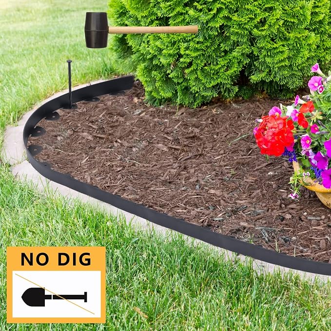 60 Ft Landscape Edging, Garden Edging with 54 Pcs Spikes, 2 in Tall Plastic Edging for Landscaping, No Dig Garden Border Edging, Landscaping Edging Border for Flowerbed Lawn Yard Grass, Black