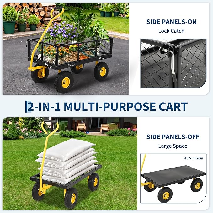 Garvee 900 LB Garden Cart with 10 in All Terrain Tires, 2-in-1 Wagon Cart with Removable Side Panels, Heavy Duty Metal Utility Garden Wagon for Outdoor Lawn, Yard, Backyard