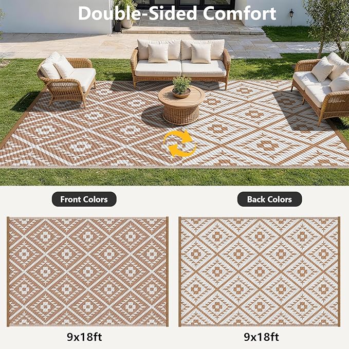 COOLTOP 9'x18’ Outdoor Rug for Patios Porches, Waterproof Plastic Camping Rugs, Modern Reversible Mat, Large Area Rugs for Backyard, Deck, RV, Balcony, Picnic, Beach, Khaki & White