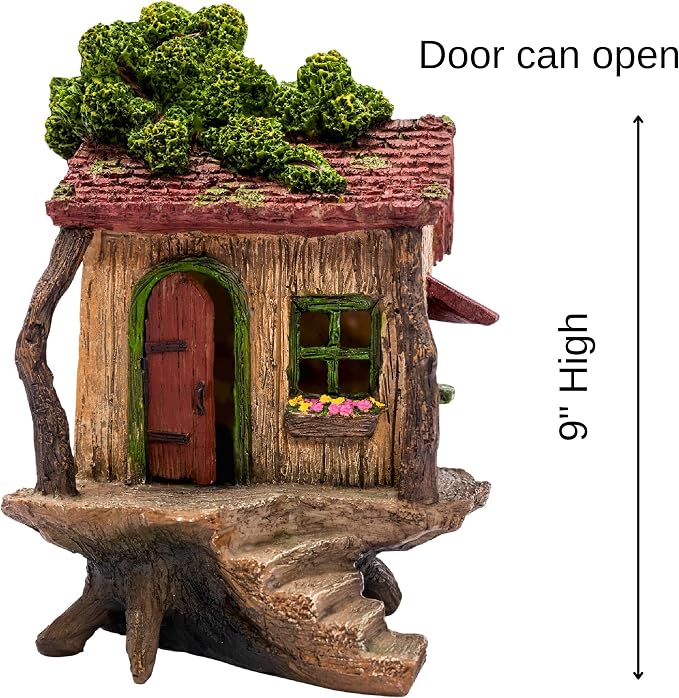 PRETMANNS Fairy Garden Treehouse for Outside - 9" H x 4" W Hand-Painted Resin Fairy House with Opening Door and Window Box - Waterproof Miniature Cottage for Patio Planter Balcony Decor, Gift Ready