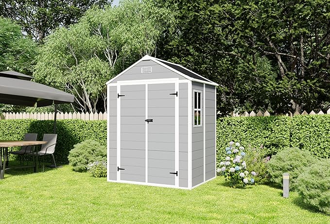 YOPTO 6x5 FT Resin Storage Shed,Garden House with Floor & Lockable Door,Waterproof Plastic Tool Sheds W/Slanting Roof Visual Window & Air Vents for Bicycles,Lawnmowers,Lawn,All Weather Use,Gray