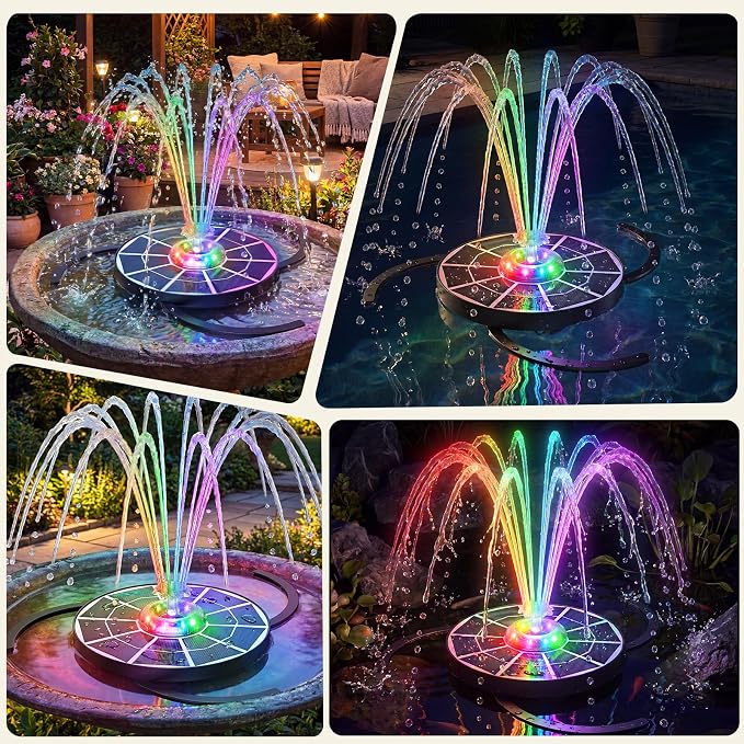 AISITIN 4W Solar Fountain with Lights, Chargeable Solar Bird Bath Fountains Built-in 2200mAh Battery, 2026 Upgrade Glass Panel Solar Water Pump for Bird Bath, Garden, Pond, Pool, Fish Tank, Aquarium