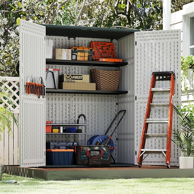 EHHLY 60 Cuft Outdoor Storage Shed Shelf, Outdoor Storage Cabinet Metal Shelves for 4.5x2.3 Ft Shed, Vertical Resin Storage Shed Accessories, Black