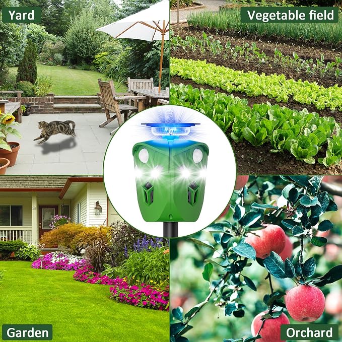 360° Solar Animal Repellent for Yard & Garden – No Blind Spot Motion Sensor to Keep Deer, Raccoons & Cats Away, Waterproof Ultrasonic & Flashing Light Outdoor Deer Repellent Device