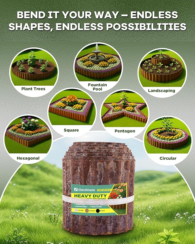 Corrugated Metal Garden Edging, Sturdy Rusty Garden Edging Border for DIY Flower Bed, Lawn and Landscape Edgings, Hemmed Edges Design, Easy Installation with Garden Gloves (40 FT x 12 in)