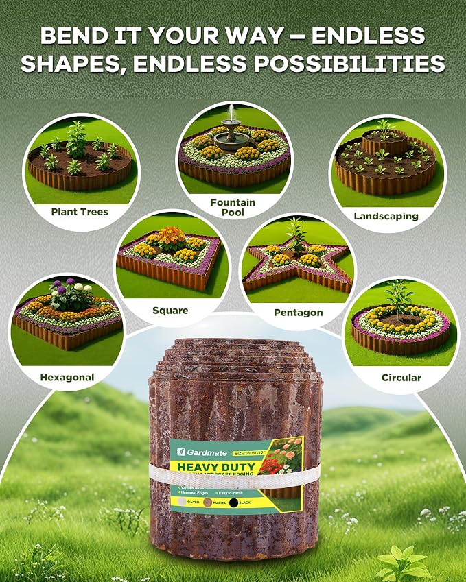 Corrugated Metal Garden Edging, Sturdy Rusty Garden Edging Border for DIY Flower Bed, Lawn and Landscape Edgings, Hemmed Edges Design, Easy Installation with Garden Gloves (20 FT x 10 in)