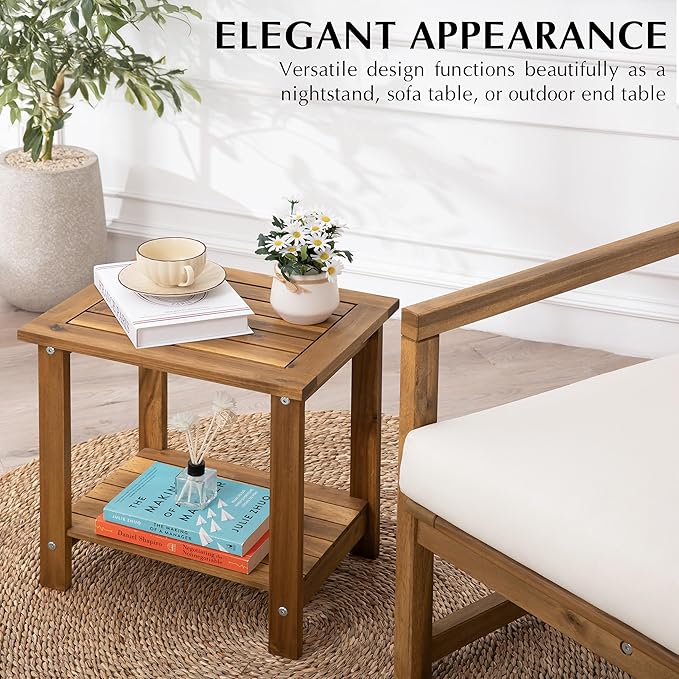 VICTORY RELAX Solid Acacia Wood Side Table with 2-Tier Storage, Weather-Resistant Outdoor Indoor End Table, Natural Rustic Color Night Stand