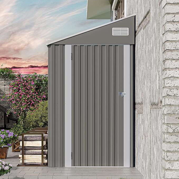 YOPTO 4x8 FT Outdoor Metal Storage Shed,Waterproof Lean to Tool Sheds,Heavy-Duty Unit with Single Hinge Side Door and Ventilation Windows,Weather Resistant,for Backyard,Patio,Lawn,Dark Gray