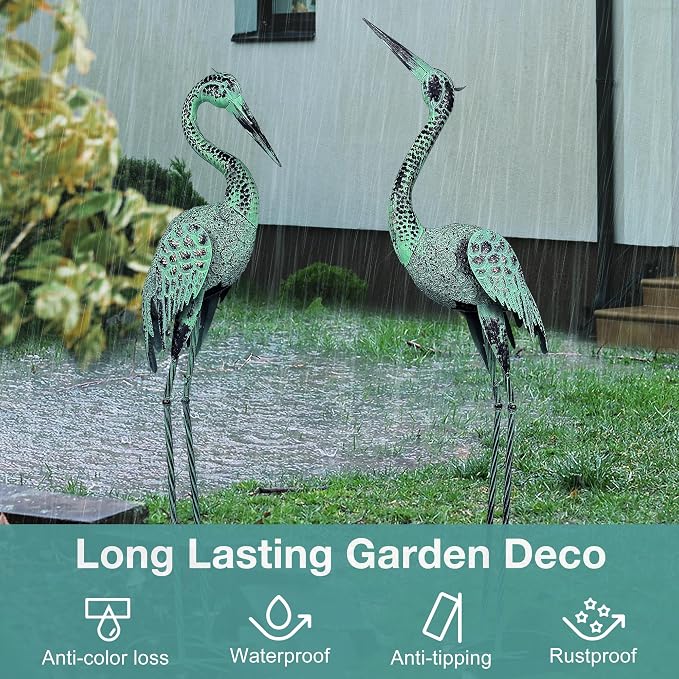 Large Garden Crane Statues & Sculptures - Metal Heron Sculpture Set with Lifelike Patina Bronze Metal Yard Art for Pond, Patio, Lawn - Heron Statue Unique Outdoor Decoration Gift for Women