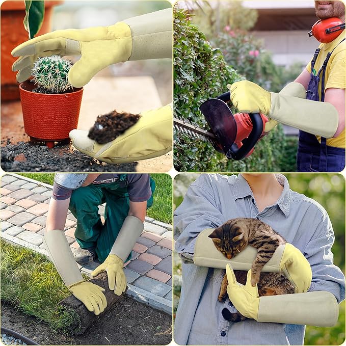 HANDLANDY Rose Pruning Gardening Gloves for Men Women, Thorn Proof Forearm Protection Leather Garden Gloves, Gardening Gifts for Gardeners (Vanilla, X-Large)