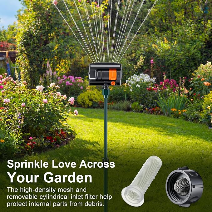 Oscillating Sprinkler with Adjustable Aluminum Riser, 4 Way Lawn Sprinklers for Yard and Garden, 16 Nozzles, Cover up to 4.069 sq. ft Ideal for Watering Different Heights (Spike)