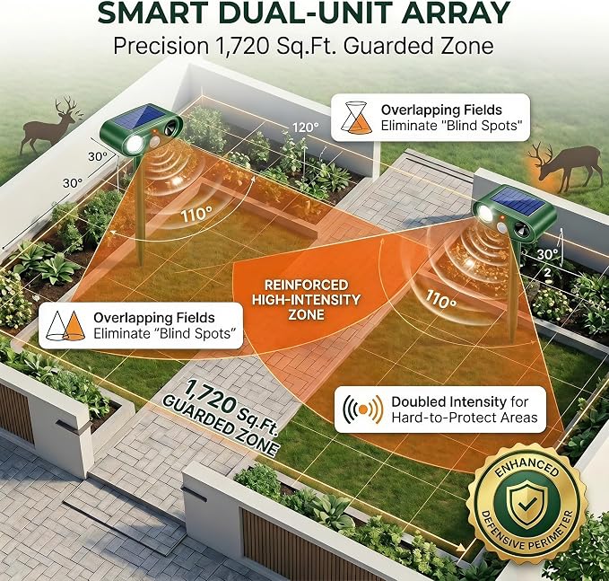 2Pack Upgraded Ultrasonic Deer Repellent for Plants Solar Animal Repellent Outdoor with Motion Sensor Strobe Light for Rabbit Cat Deterrent Raccoon Squirrel Fortress Pro Keep Pests Out of Yard Farm