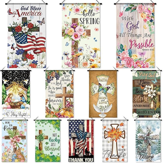 Tegeme 12 Pcs Christian Seasonal Garden Flags Set Hello Spring Door Banner Decorations Religious Cross Door Hanger 12 x 20 Inch 4th of July Hanging Flag for Outside Party Outdoor Indoor