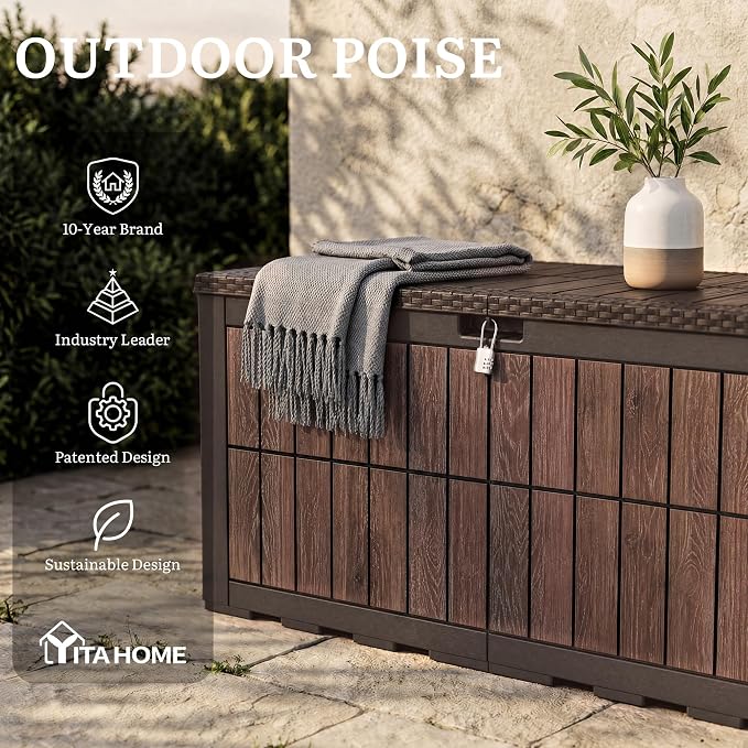YITAHOME 134 Gallon Large Deck Box, Waterproof Resin Outdoor Storage Box with Lock, Doubles as Bench Seating for Patio Furniture Cushion, Garden Tools &Pool Accessories, Dark Brown & Wood-Grain Brown