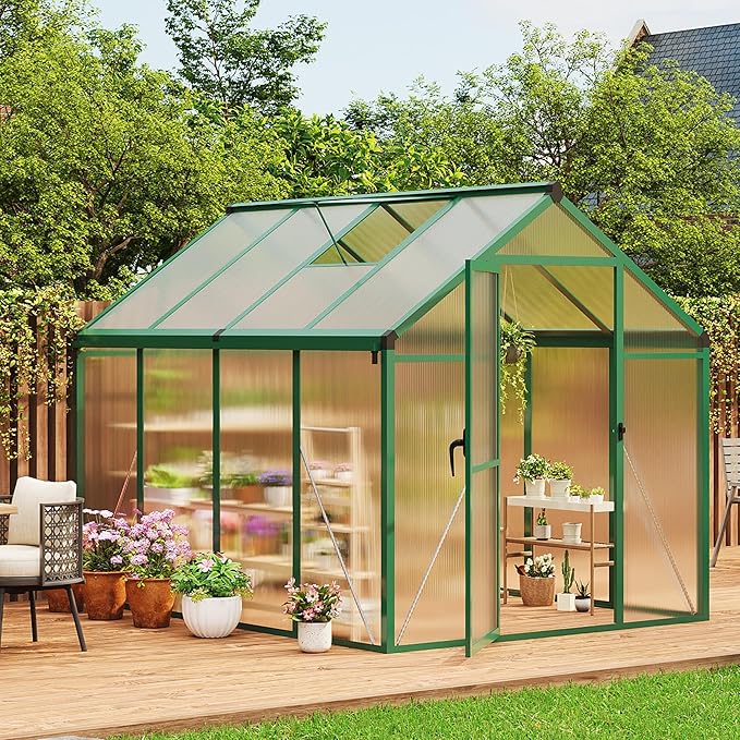 GarveeLife 6X8 FT Greenhouse for Outdoors, Polycarbonate Greenhouse with Roof Vent, Ground Nails, Lockable Push Door, Aluminum Large Walk-in Green House for Outside Garden Backyard, Patio, Lawn, Green