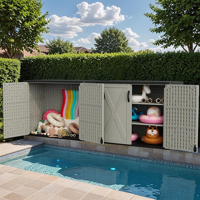 Greesum Outdoor Storage Cabinet, 25 CUFT Deck Box Without Shelves, Waterproof Plastic Storage Shed for Patio Cushions, Gardening Tools, Lockable and Sidehandles, UV Resistant, Beige