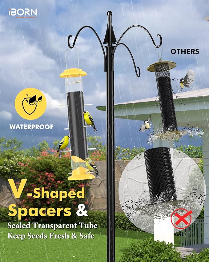 iBorn Finch Feeders for Outside,14 Inch Tube Bird Feeders for Outdoors Hanging,Metal Finch Feeders for Thistle Seed with 12 Small Ports,8 Metal Perches,Yellow,2 Pack