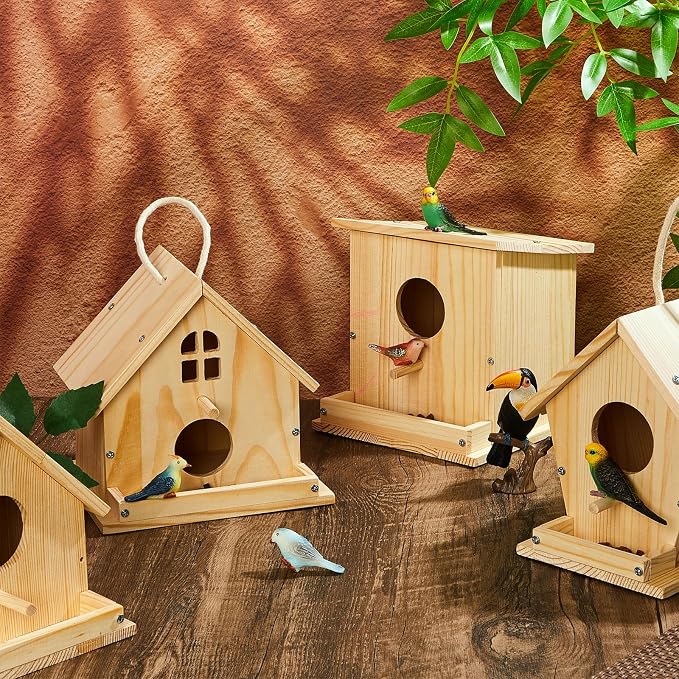 Liliful 4 Pack Birdhouse Crafts for Kids, Wooden Creative DIY Bird House Kits Arts and Crafts Set for Kids and Adults, Spring Birthday Gifts for Toddlers Ages (Seasonal Style)