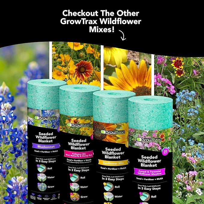 Growtrax Sunflower & Wildflower Seed Mat - 40 sqft Easy Plant and Grow with Eco-Friendly Bio Fabric Attracts Butterflies, Bees Blooms in Summer and Fall - Spring Mix Ideal for Gardens, Pots, Walkways