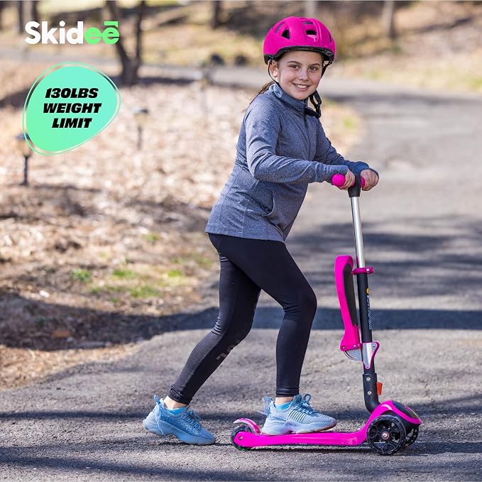 SKIDEE Kick Scooter for Kids Ages 3-5 | Foldable 3 Wheel Scooter with Lean-to-Steer, Adjustable Height, Removable Seat & LED Light Wheels | Toddler Scooter Up to 12 Year Old Boys/Girls