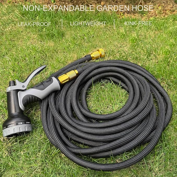 Garden Hose Non-Expandable 50 ft, Lightweight Flexible Water Hose with 10 Function Spray Nozzle, Outdoor Leak Proof, Kink-Free, Portable Hose for Yard, Lawn, Camper, High-Density Fabric, Black Grey