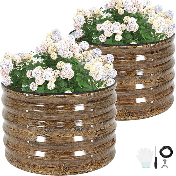 G GOOD GAIN Round Raised Garden Bed - 2Pcs 2x2x1.4ft Galvanized Steel Planter Boxes Outdoor with Rubber Edge Trim | Metal Raised Beds for Gardening Vegetables Flowers Fruits Herbs (Wood Grain)