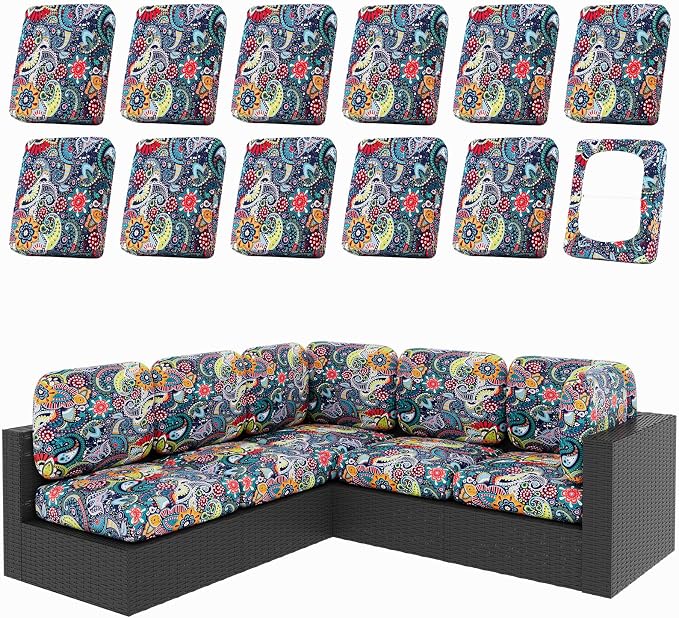hyha 12Pcs Patio Cushion Covers, Stretch Outdoor Couch Cushion Covers Replacement, Washable Outdoor Chair/Sofa Slipcovers for Patio Furniture Cushions Protector with Elastic Bottom(Paisley,Cover Only)