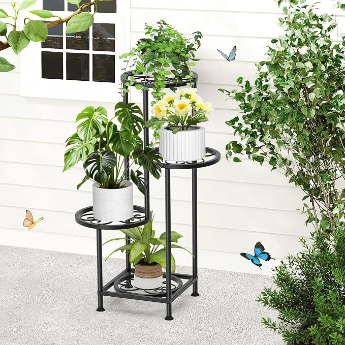 4 Tier Plant Stand Indoor Outdoor, Metal Flower Shelf Display Holder, Multiple Plants Corner Tall Flower Holders for Patio Balcony Porch Garden Living Room (Heart Black)