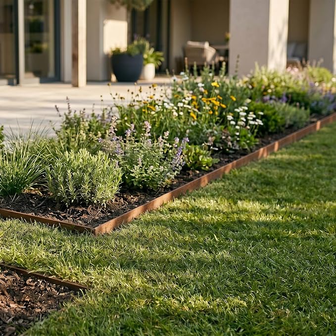 Worth Garden 6 Pack Cor-Ten Steel Landscape Edging w/Rust Patina Finish - 40" L x 8" H Strips - Hammer-in 14-Gauge Metal Corten Edging Border w/ 7 Clips & Gloves - Edge for Lawn Yard (20Ft Total)