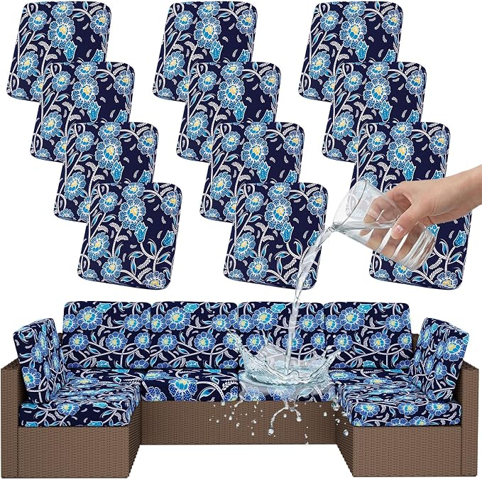 Smiry Waterproof Patio Cushion Covers, Stretch Outdoor Couch Slipcovers Replacement Washable Furniture Protector Sofa Chair Seat Cover for Dogs and Pets (12 Pcs, Midnight Blue)