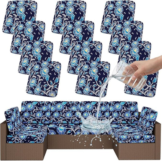 Smiry Waterproof Patio Cushion Covers, Stretch Outdoor Couch Slipcovers Replacement Washable Furniture Protector Sofa Chair Seat Cover for Dogs and Pets (12 Pcs, Midnight Blue)