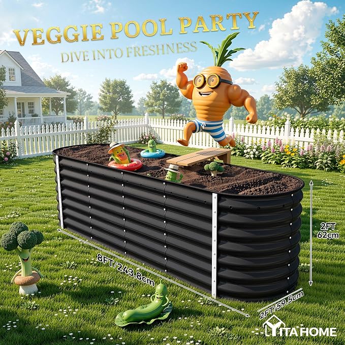 YITAHOME 8x2x2ft Large Raised Garden Bed Kit, 24" Tall 9 in 1Galvanized Metal Planter Box with Gloves and Safety Rubber, Outdoor Above Ground Planters for Plants Vegetables Flowers, Black