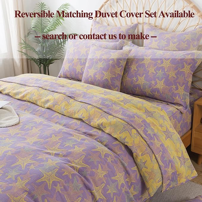 FADFAY Beach Theme Sheets Set King Purple Yellow Starfish Ocean Bedding Coastal Nautical Bedding Super Soft Washed Double -Layer Muslin Sheets 100% Cotton Deep Pocket Fitted Sheet 4Pcs, King Size