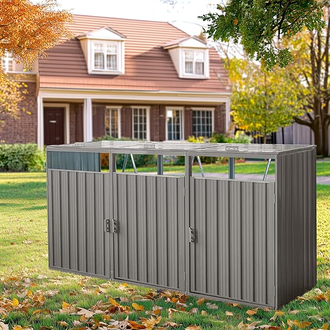 Outdoor Trash Storage Shed Waterproof Garbage Bin Shed Stainless Trash Container Storage for 3 Trash Cans Galvanized Steel Garbage Can Hider for Patio Garden Lawn, Gray