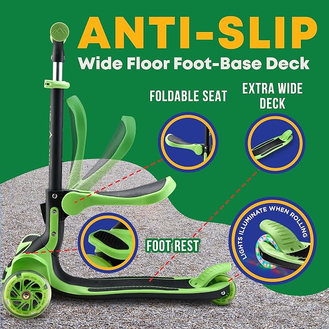 3 Wheel Scooter for Kids with Foldable Seat, Adjustable Handlebar Height, Lean-to-Steer Ride On Toy for Kids Ages 2+, Light-Up LED Wheels, Wide Anti Slip Deck, Indoor & Outdoor Use