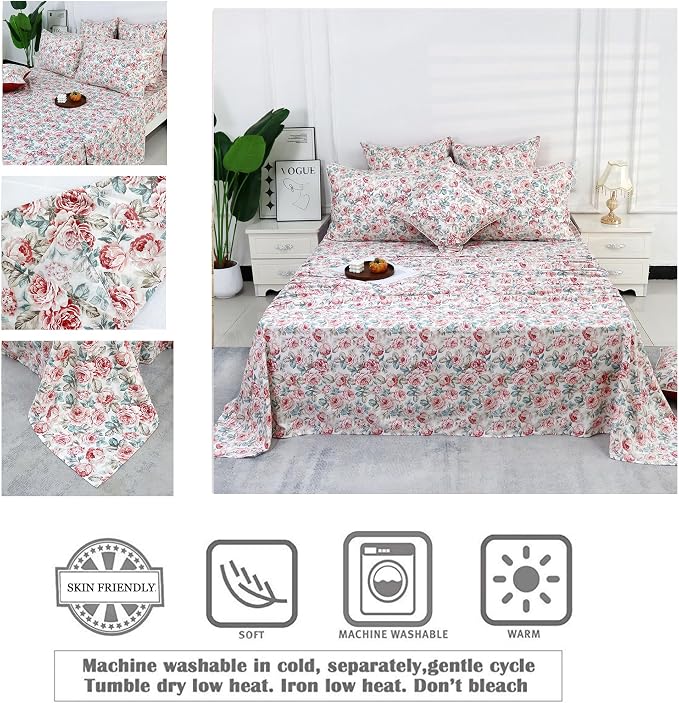 FADFAY Rose Floral Sheets Set Twin XL Vintage Red Floral Bedding Shabby Rose Sheets French Country Farmhouse Bedding 800 Thread Count 100% Egyptian Cotton Deep Pocket Fitted Sheet 4Pcs, Twin XL Size