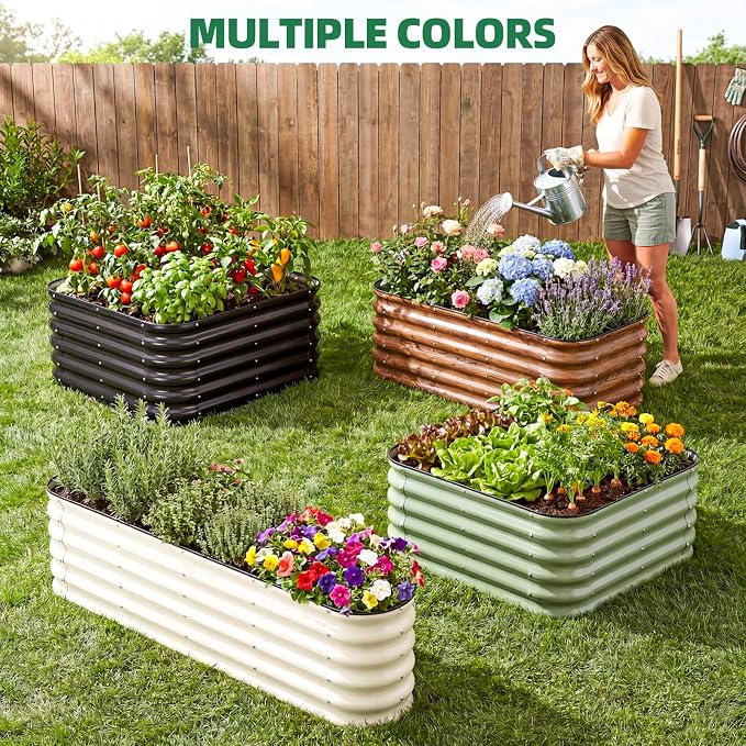 3 Pcs Raised Garden Beds Outdoor, 17" Tall 3-in-1 Modular 4x2ft Galvanized Metal Planter Box with Bracing Rods and Gloves for Vegetables Flowers Herbs, White