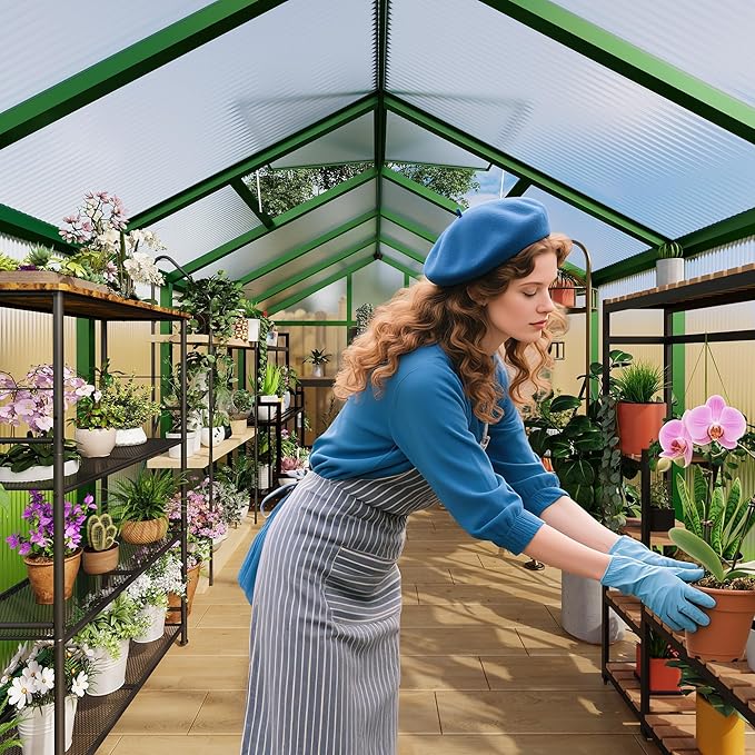 8X12 ft Greenhouse for Outdoors, Walk-in Greenhouse Kit with Aluminum Frame, Polycarbonate Panels, Adjustable Roof Vent, Sliding Door, Secure Lock for Outside Garden, Patio, Backyard