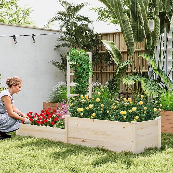 Giantex Wooden Raised Garden Bed with Trellis & 2 Planter Boxes, Raised Bed for Vegetables Flowers Vine Fruits Herbs Gardening Planting, Outdoor Garden Box for Patio Backyard Lawn
