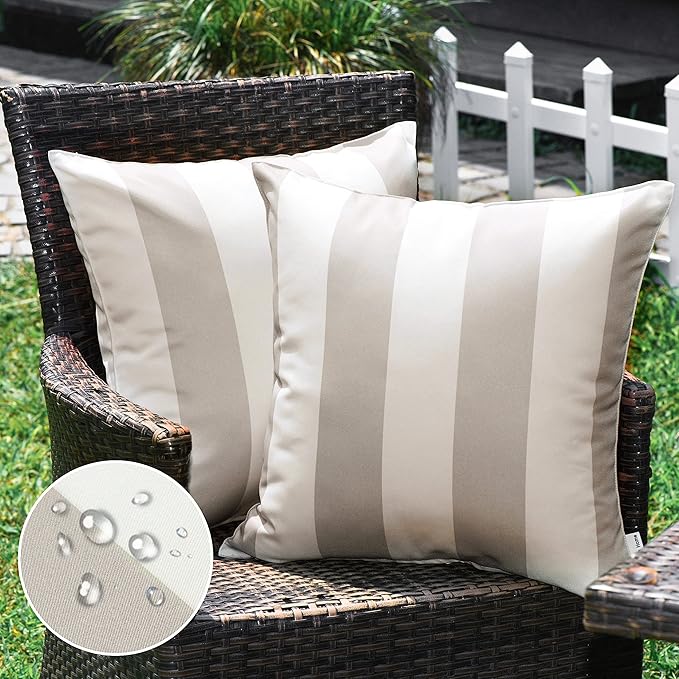 Western Home Pack of 2 Outdoor Waterproof Striped Throw Pillow Covers Beige Grey Decorative Pillowcases Garden Modern Cushion Cases for Patio Tent Balcony Couch Sofa 20x20 Inch