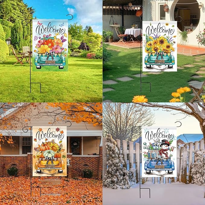 Seasonal Garden Flags Set of 11 Double Sided 12 x 18 Inch Rustic Truck Yard Flags, Small Flags for Outside, Summer Spring 4th of July Outdoor Flags, Holiday Garden Flags for All Seasons