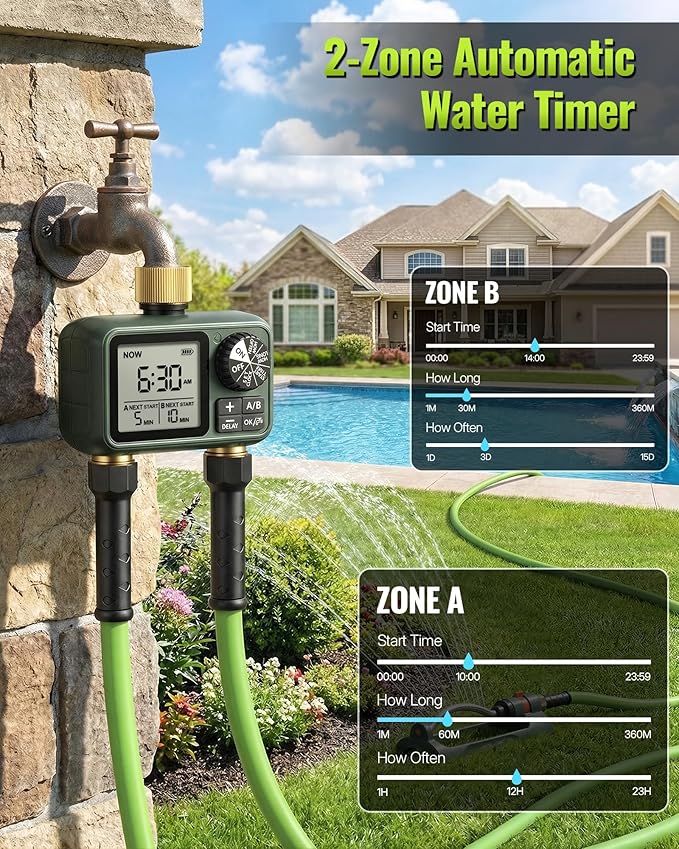 Brass Sprinkler Timer with Swivel, Programmable Water Timer for Garden Hose with Auto/Manual/Rain Delay Watering, Digital Irrigation System Kit,for Garden, Yard, Lawn 2 Outlet F12WT06