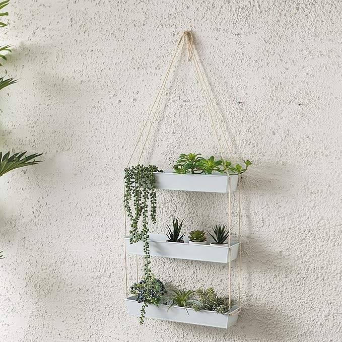 LaLaGreen Bundle- 2 Pack, 16 Inch Rectangular Metal Pot + 16 Inch Three Tier Hanging Planter Vertical Floating Large Shelf Indoor Outdoor Window Boxes Modern Boho Style Plant Holder Wall Mount Decor