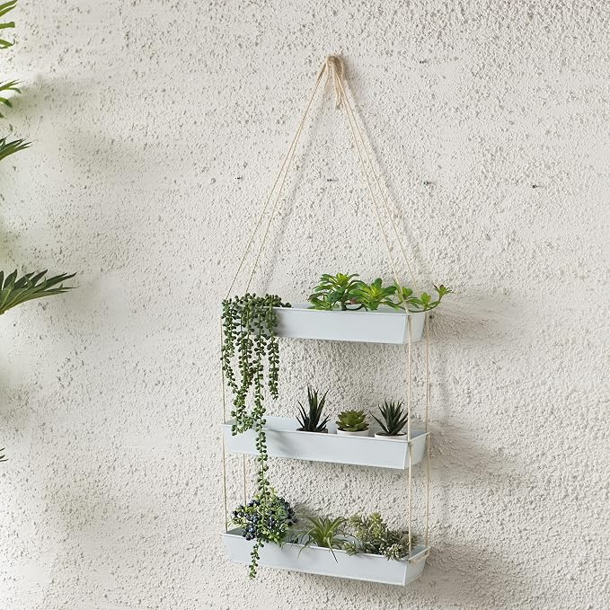LaLaGreen Bundle - 3 Tier, 16 Inch Wall Hanging Planter + 10 Pack, 6 Inch White Metal Flower Pots for Deck Railing Fence,Succulent Rectangle Long Large Vertical Hanging Planter, Shower Plant Decor