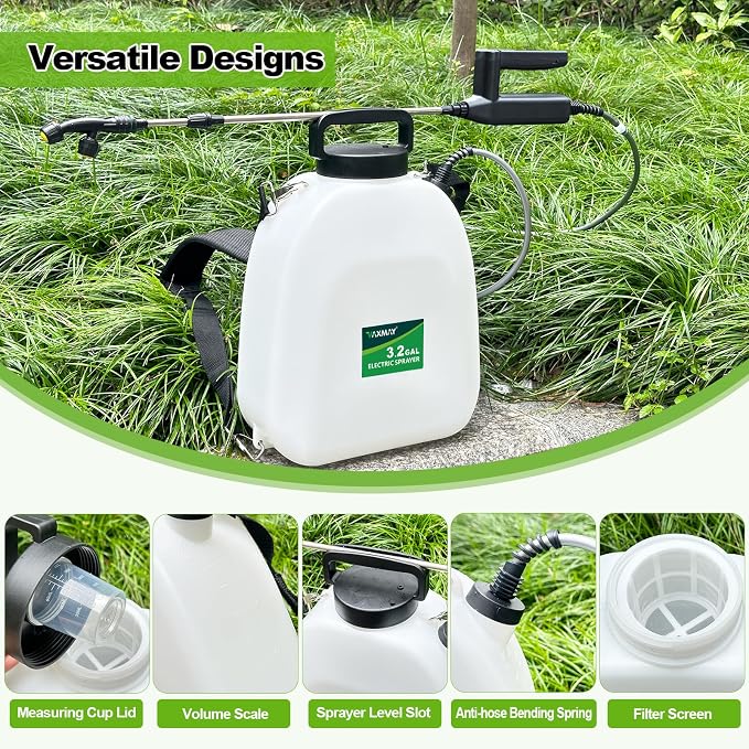 VAXMAY Battery Powered Sprayer 3.2 Gallon, Backpack Sprayer with 3 Adjustable Forces, Battery Indicator, 5 Mist Nozzles, 41" Retractable Wand, USB Rechargeable Garden Sprayer for Weed Lawn Yard