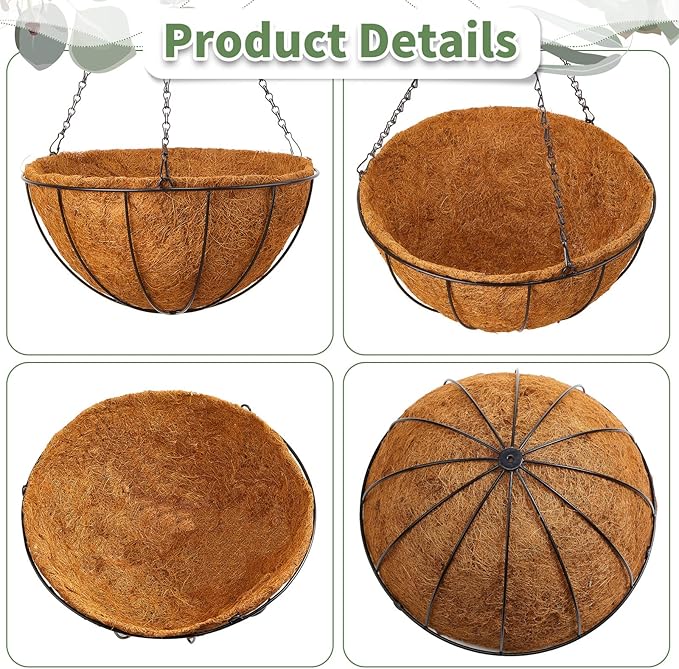 Rtteri 8 Pcs 8 Inch Hanging Baskets for Plants Outdoor with Metal Wire Frame and Coconut Coir Liners, Round Wire Hanging Baskets with Chain for Patio Garden Porch Decoration