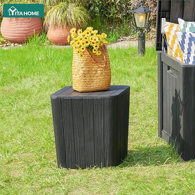 YITAHOME Resin Outdoor Deck Box, 11.5 Gallon Outdoor Storage Box with Removable Lid, Waterproof Outdoor Side Table for Cushions, Pool Supplies(Black, Wood Panel)