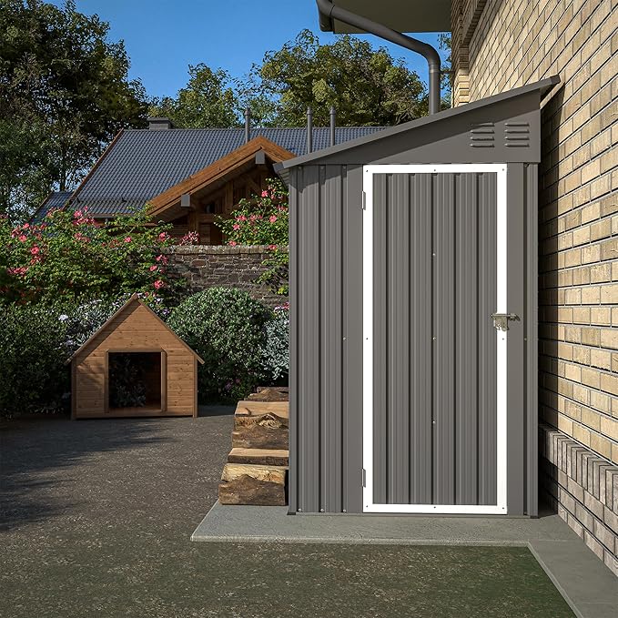 YOPTO 4x8 FT Lean to Metal Shed,Outdoor Storage Shed W/Floor Frame & Reversible Installation,All Weather Waterproof Garden Tool House W/Lockable Door & 2 Air Vents,for Backyard,Patio,Lawn,Gray